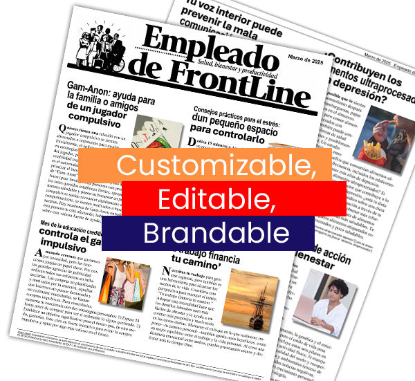 Stack of employee newsletters in Spanish with the text 'Customizable', 'Editable', and 'Brandable' displayed on top.