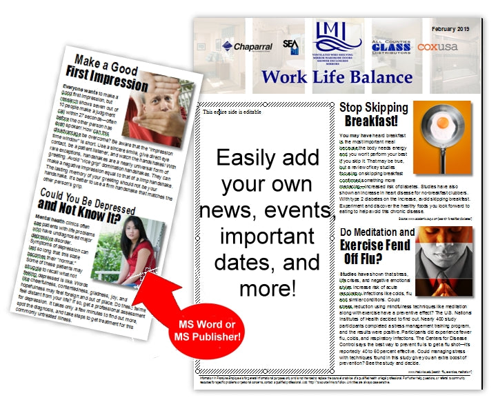 Newsletter template focused on work-life balance for employees, featuring sections for tips and resources.