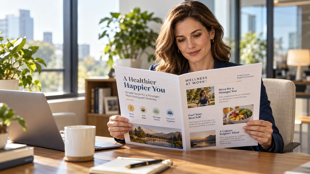 Human resources professional reviewing a concise two-page employee wellness newsletter at a sunlit office desk, representing quick and practical workplace health communication.