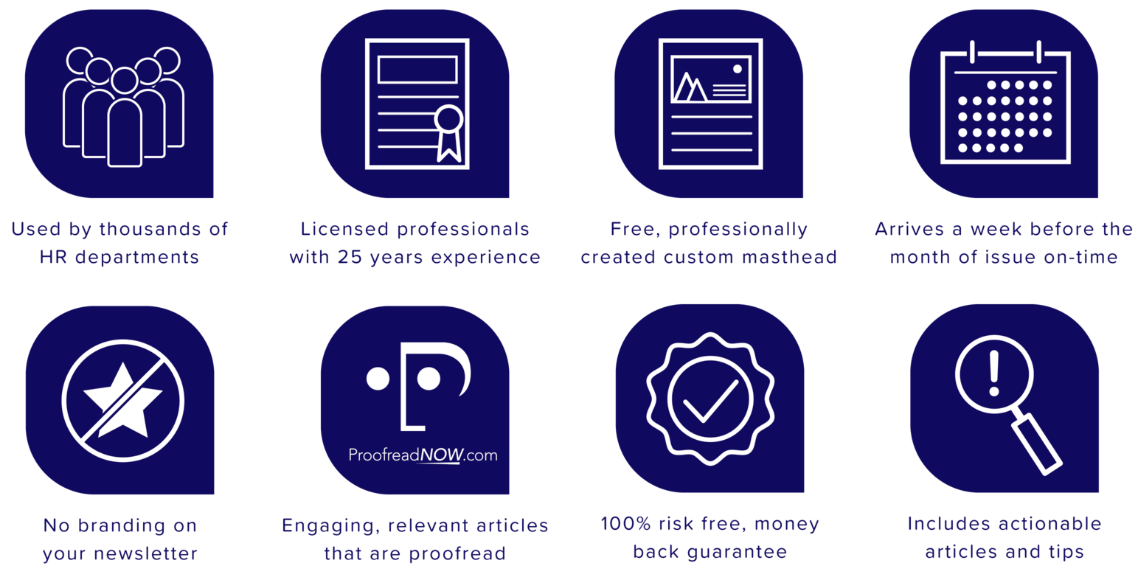 Blue and white poster featuring various icons, promoting the Employee Newsletter.