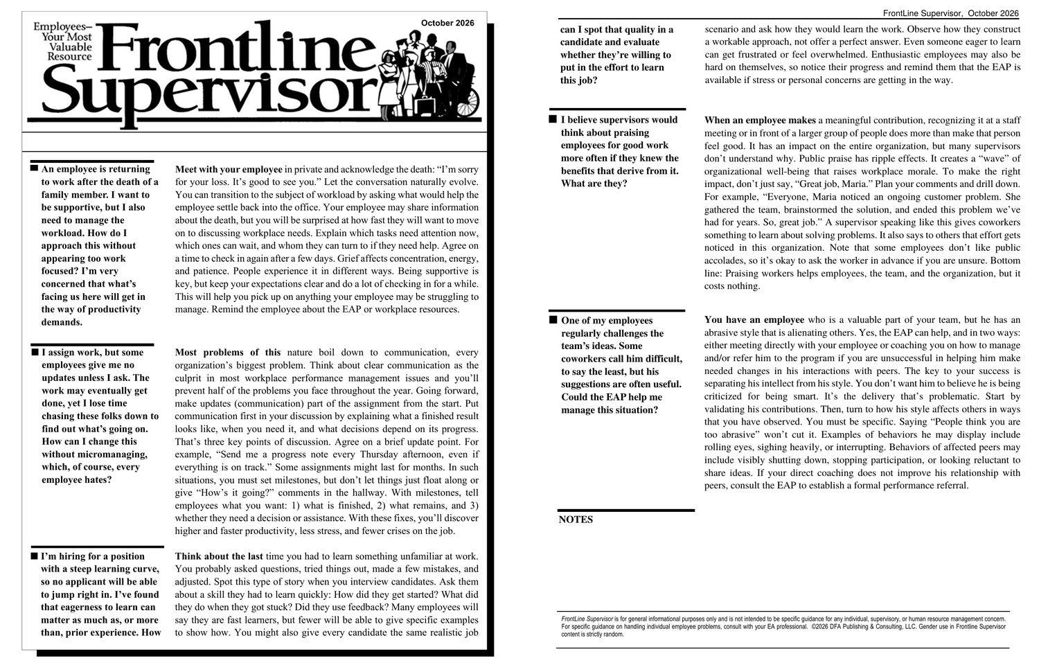 Both pages of the October 2026 FrontLine Supervisor issue, showing the question-and-answer layout